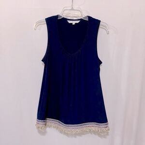 TRINA Turk Geena Tank Top Scoop Neck with Ruching, Fringed Hem. Women’s Size M
